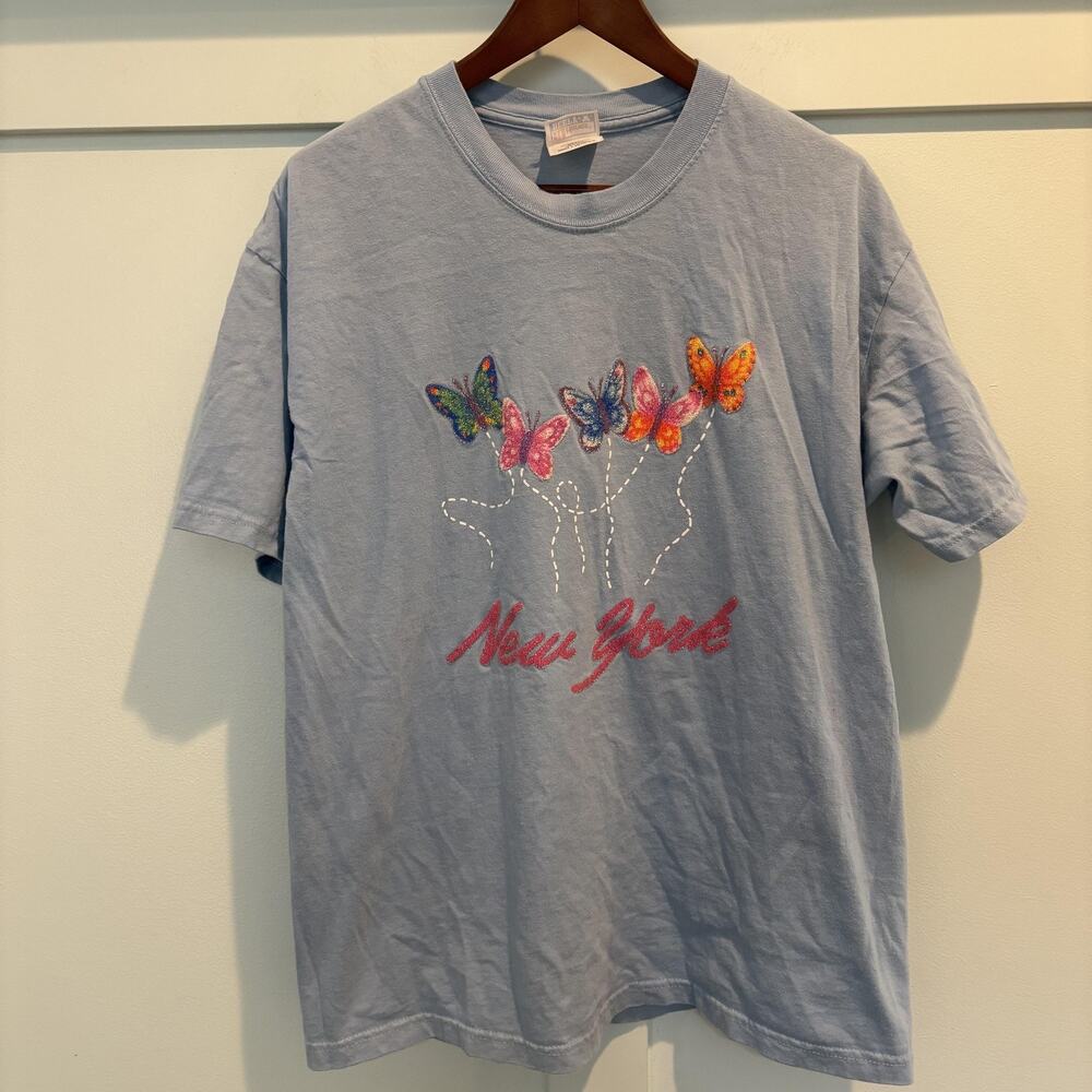 Vintage New York Shirt Large Blue Beaded Butterflies Graphic Hanes Beefy USA 90s